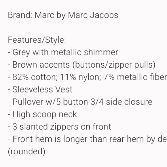 Marc By Marc Jacobs women’s gray shimmer 3/4 button down pull over vest NWOT - Picture 15 of 16